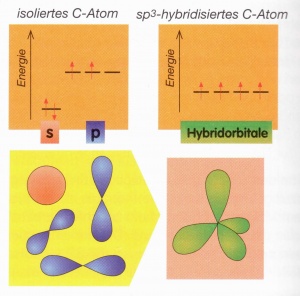 Dieses Bild soll die sp3-Hybridisierung eines C-Atoms verdeutlichen.